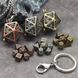 1Set Mini Metal DND Dice Set with Antique Iron Hollow D20 Necklace Dice Case Antique Tiny Metal Dice Set D&D Keychain Portable