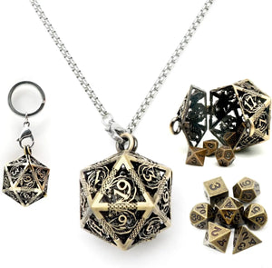 1Set Mini Metal DND Dice Set with Antique Iron Hollow D20 Necklace Dice Case Antique Tiny Metal Dice Set D&D Keychain Portable