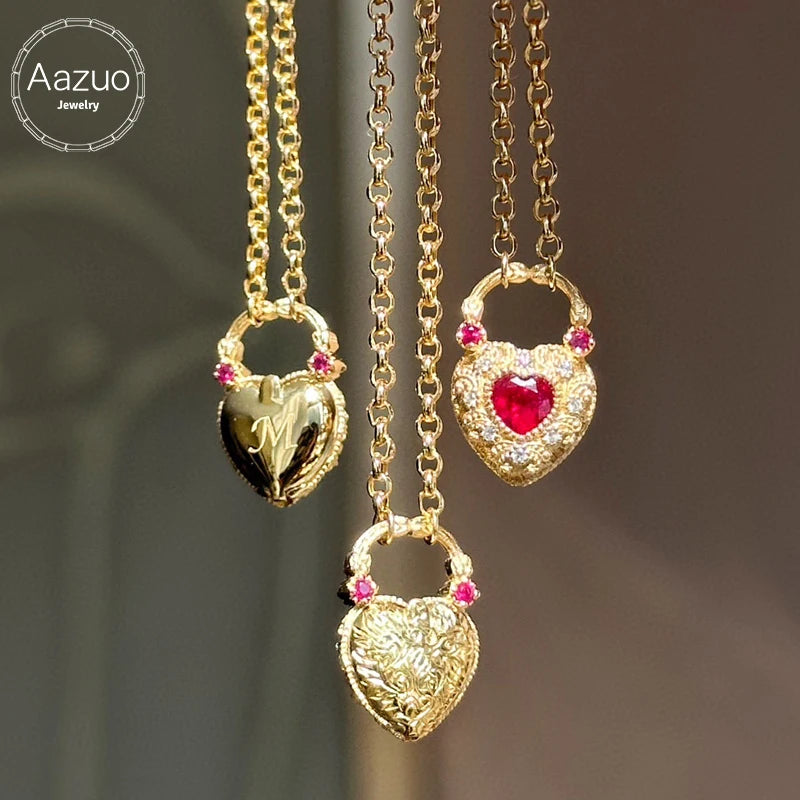 Aazuo Intage Design 18K Rose Gold Natural Ruby Lovely Heart Shape Pendent With Chain Necklace gifted for Women Au750 18 Inch