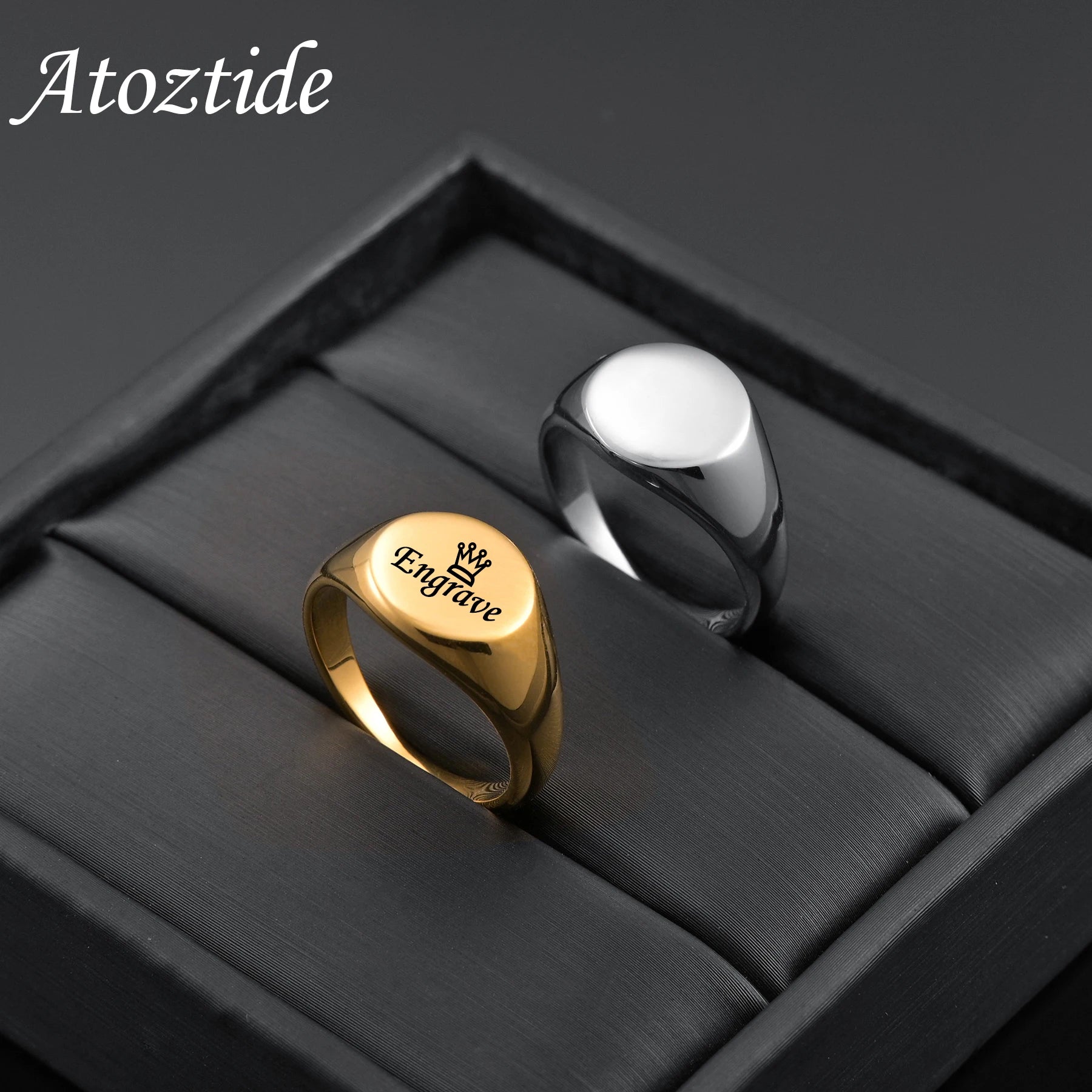 Atoztide Custom Engraved Ring Stainless Steel Personalized Name Date Hand Circle for Women Lover Birthday Daily Jewelry Gift