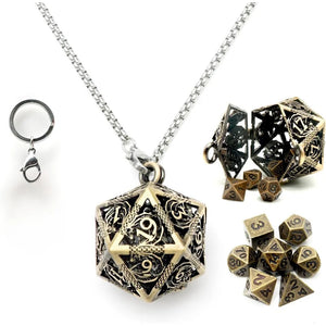 1Set Mini Metal DND Dice Set with Antique Iron Hollow D20 Necklace Dice Case Antique Tiny Metal Dice Set D&D Keychain Portable