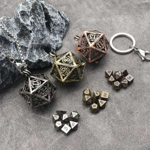 1Set Mini Metal DND Dice Set with Antique Iron Hollow D20 Necklace Dice Case Antique Tiny Metal Dice Set D&D Keychain Portable