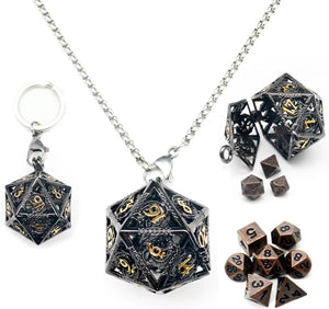 1Set Mini Metal DND Dice Set with Antique Iron Hollow D20 Necklace Dice Case Antique Tiny Metal Dice Set D&D Keychain Portable