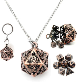 1Set Mini Metal DND Dice Set with Antique Iron Hollow D20 Necklace Dice Case Antique Tiny Metal Dice Set D&D Keychain Portable